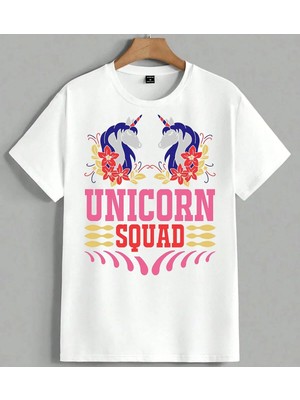 Unicorn Squad Pembe Tasarim Unisex Oversize Tişört Beyaz