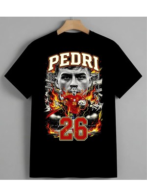 Pedri Futbolcu Ates Kirmizi Unisex Oversize Tişört Siyah