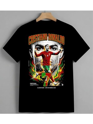 Cristiano Ronaldo Futbol Alev Syh Unisex Erkek Kadın Oversize Tişört Siyah