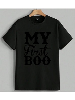 My First Boo Halloween Baski Baskılı Unisex Erkek Kadın Oversize Tişört Siyah