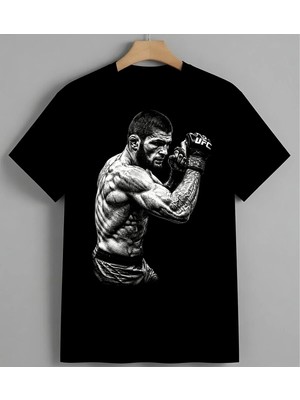 Ufc Dovuscu Maske Kusurlu Baskılı Unisex Erkek Kadın Oversize Tişört Siyah