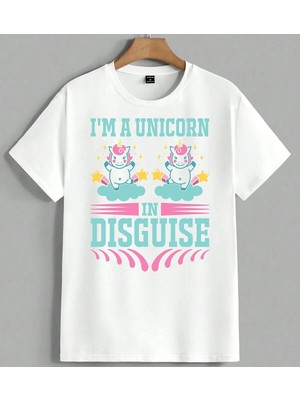 Unicorn Kiyafet Pembe Tasarimi Unisex Oversize Tişört Beyaz