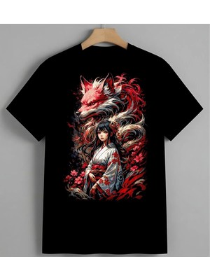 Kizil Kitsune Fantezi Kadin Unisex Erkek Kadın Oversize Tişört Siyah