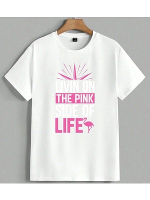 Pembe Hayat Flamingo Yasamlik Unisex Oversize Tişört Beyaz