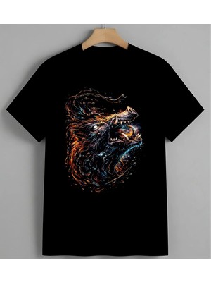 Renkli Baski Soyut Sanat Unisex Erkek Kadın Oversize Tişört Siyah