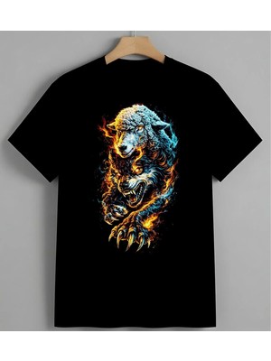 Ates Kurt Renkli Ilustrasyon Baskılı Unisex Erkek Kadın Oversize Tişört Siyah