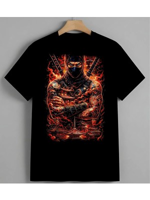 Ninja Kiz Ates Sanat Asya Unisex Erkek Kadın Oversize Tişört Siyah