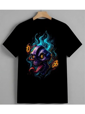 Renkli Kuru Kafa Fantezi Sanat Unisex Erkek Kadın Oversize Tişört Siyah
