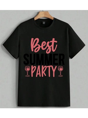 Yaz Partisi Best Summer Baskılı Unisex Erkek Kadın Oversize Tişört Siyah