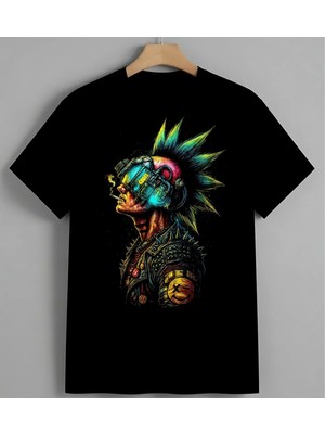 Renkli Uzay Robot Kafa Unisex Erkek Kadın Oversize Tişört Siyah