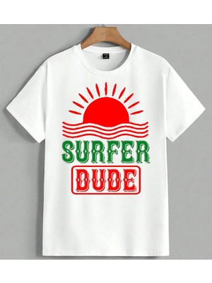 Surfer Dude Kirmizi Gunes Plaj Unisex Oversize Tişört Beyaz