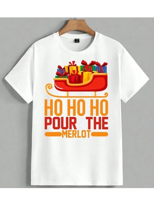 Noel Kizak Ho Ho Ho Merlot Unisex Oversize Tişört Beyaz