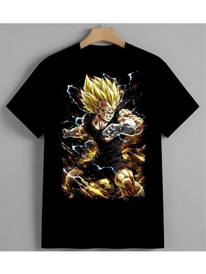 Sari Sac Anime Guclu Enerji Baskılı Unisex Erkek Kadın Oversize Tişört Siyah