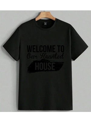 Hoslandiniz Ev Haunted House Baskılı Unisex Oversize Tişört Siyah