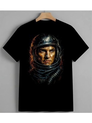 Astronot Uzay Kostumu Renkli Baskılı Unisex Erkek Kadın Oversize Tişört Siyah