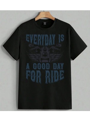 Motosiklet Kanat Good Day Ride Baskılı Unisex Erkek Kadın Oversize Tişört Siyah