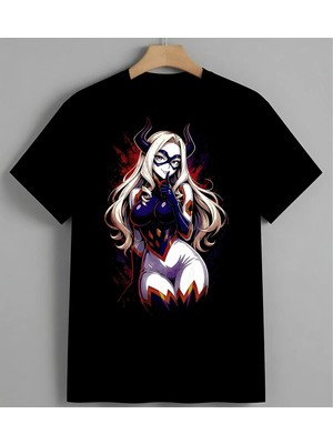 Anime Kiz Siyah Kostumlumu Mor Baskılı Unisex Erkek Kadın Oversize Tişört Siyah