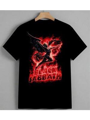 Kirmizi Seytan Black Sabbath Unisex Erkek Kadın Oversize Tişört Siyah