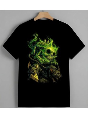 Yesil Kafatasi Fantastik Sanat Unisex Erkek Kadın Oversize Tişört Siyah