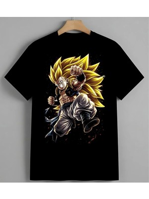 Super Saiyan Anime Karakter 2 Baskılı Unisex Erkek Kadın Oversize Tişört Siyah