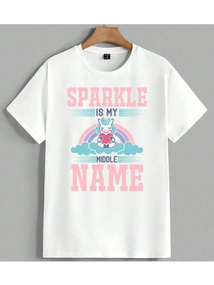 Sparkle Middle Name Unicorn Unisex Oversize Tişört Beyaz