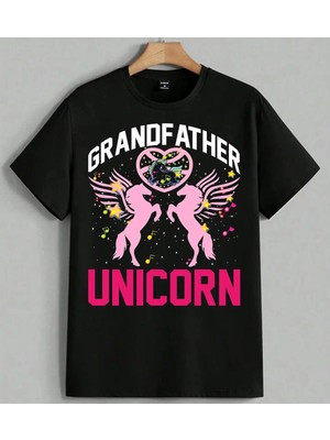 Unicorn Pembe Kanatli Muzik Baskılı Unisex Erkek Kadın Oversize Tişört Siyah