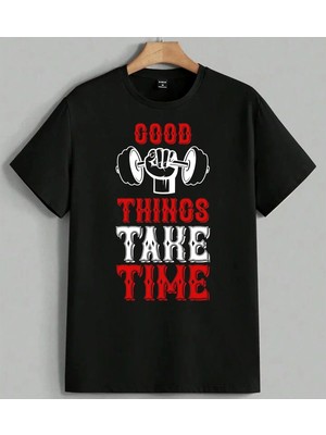 Good Things Time Kirmizi Yazi Baskılı Unisex Erkek Kadın Oversize Tişört Siyah