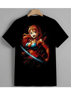 Kirmizi Sac Anime Kiz Enerji Unisex Erkek Kadın Oversize Tişört Siyah