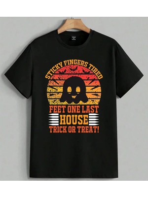 Sticky Fingers Tired Halloween Baskılı Unisex Erkek Kadın Oversize Tişört Siyah