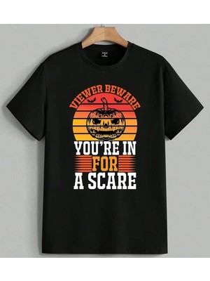 Viever Beware Halloween Baskılı Unisex Erkek Kadın Oversize Tişört Siyah
