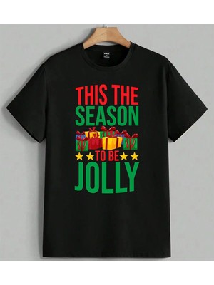 This The Season Jolly Noeller Baskılı Unisex Erkek Kadın Oversize Tişört Siyah