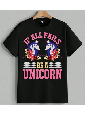 Unicorn Pembe We All Fall Baskılı Unisex Erkek Kadın Oversize Tişört Siyah