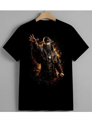 Cowboy Cizim Batili Sanat Syh Unisex Erkek Kadın Oversize Tişört Siyah