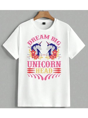 Dream Big Unicorn Head Pembe Unisex Oversize Tişört Beyaz