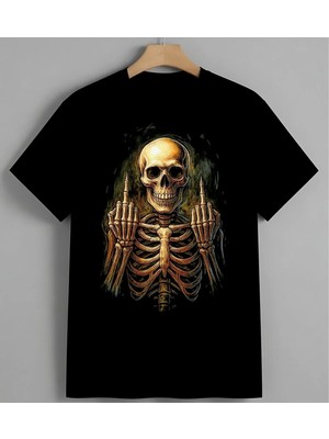 Iskelet Turuncu Anatomik Cizim Unisex Erkek Kadın Oversize Tişört Siyah