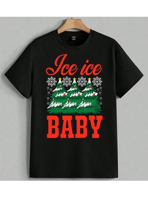 Ice Ice Baby Noel Agaci Baskılı Unisex Erkek Kadın Oversize Tişört Siyah
