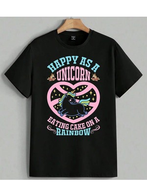 Unicorn Sosyal Unicorn Kalp Baskılı Unisex Erkek Kadın Oversize Tişört Siyah