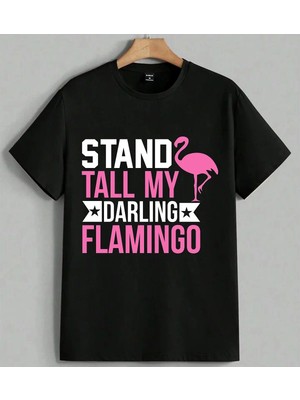 Pembe Flamingo Tall My Baski Baskılı Unisex Erkek Kadın Oversize Tişört Siyah