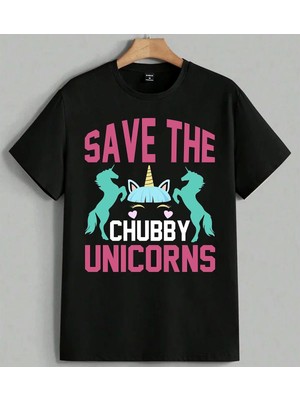 Save Unicorns Unicorn Baskılı Unisex Erkek Kadın Oversize Tişört Siyah