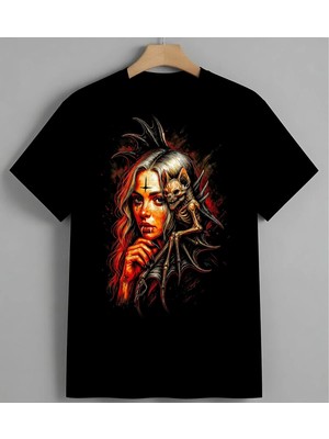 Kadin Iskelet Kizil Sanat Unisex Erkek Kadın Oversize Tişört Siyah