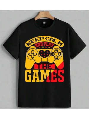 Keep Calm Play Oyun Kontrolu Baskılı Unisex Erkek Kadın Oversize Tişört Siyah