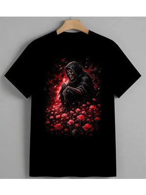 Kirmizi Cicek Fantom Ruh Sanat Unisex Erkek Kadın Oversize Tişört Siyah
