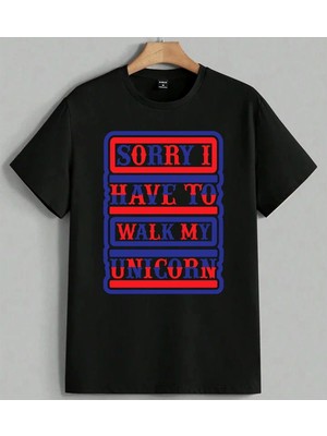 Ozur Dile Unicorn Yuruyus Baskılı Unisex Erkek Kadın Oversize Tişört Siyah