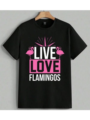 Love Flamingo Pembe Tasarim Baskılı Unisex Erkek Kadın Oversize Tişört Siyah
