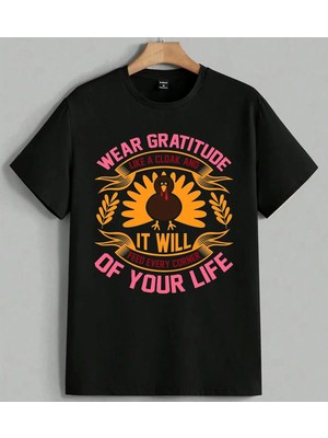 Wear Gratitude Hindi Kusu Sade Baskılı Unisex Erkek Kadın Oversize Tişört Siyah
