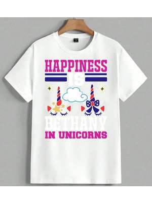 Unicorn Baslik Mutluluk Unisex Oversize Tişört Beyaz