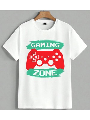 Gaming Zone Kirmizi Kumanda Unisex Oversize Tişört Beyaz