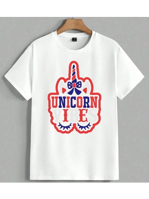 Unicorn Vibes Kirmizi Mavi Unisex Oversize Tişört Beyaz