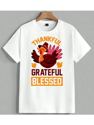 Thankful Grateful Hindi Tavuk Unisex Oversize Tişört Beyaz