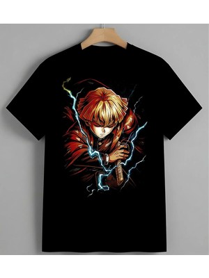 Anime Kiz Kirmizi Sac Elektrik Baskılı Unisex Erkek Kadın Oversize Tişört Siyah
